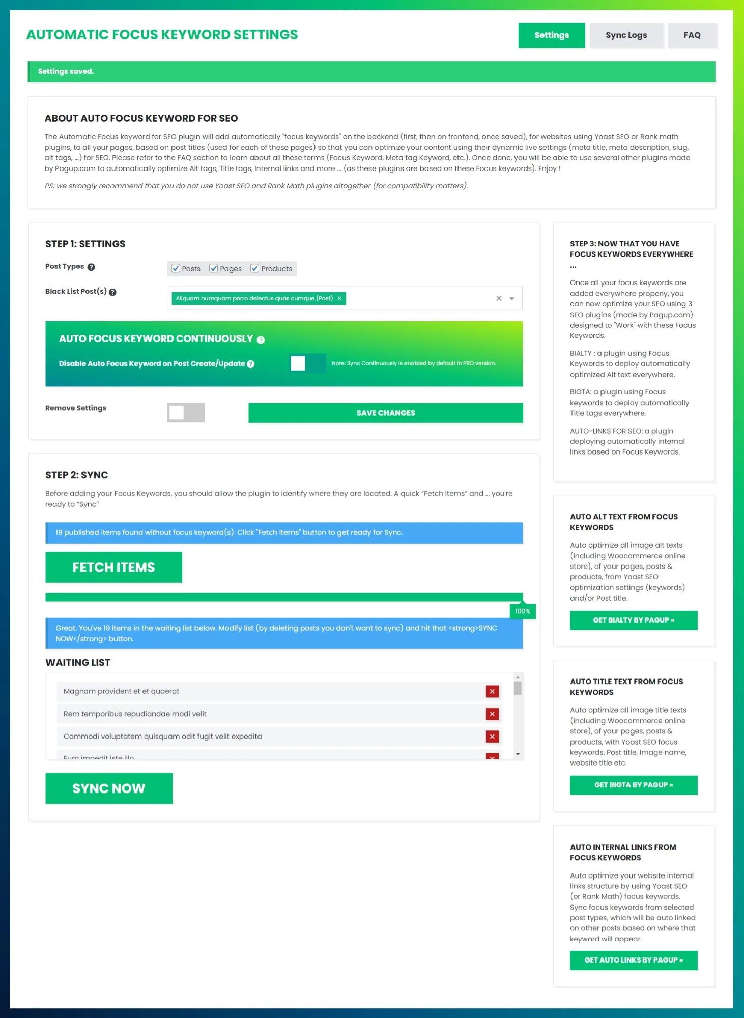 Auto Focus Keyword interface