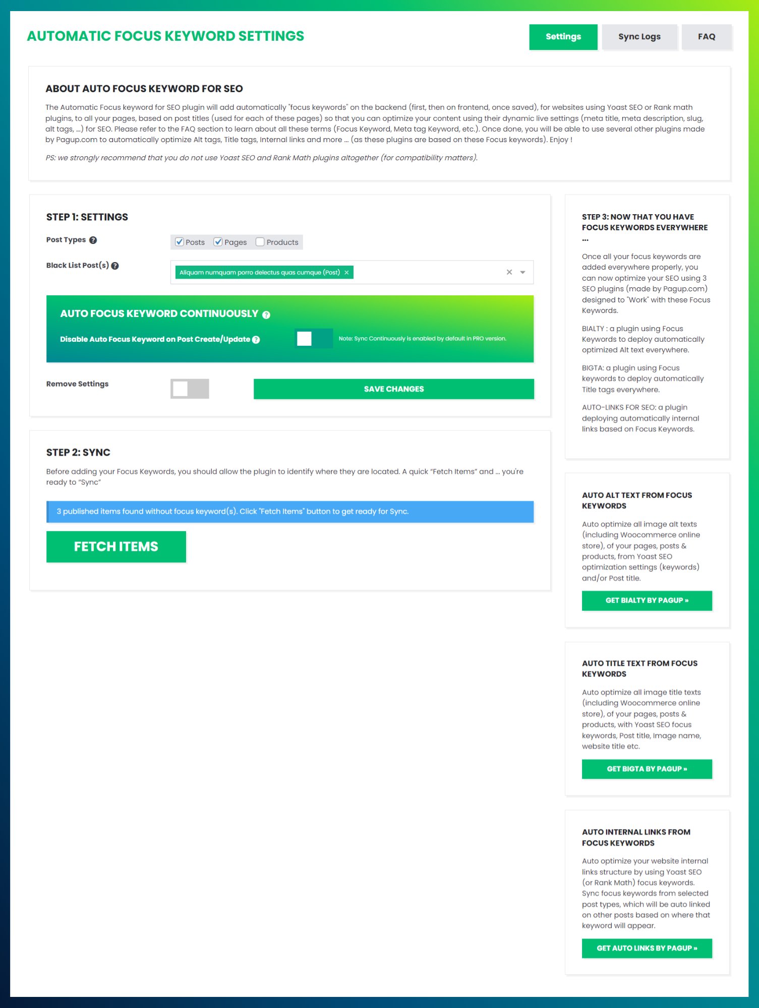 Auto Focus Keyword — SYNC progress at 100%