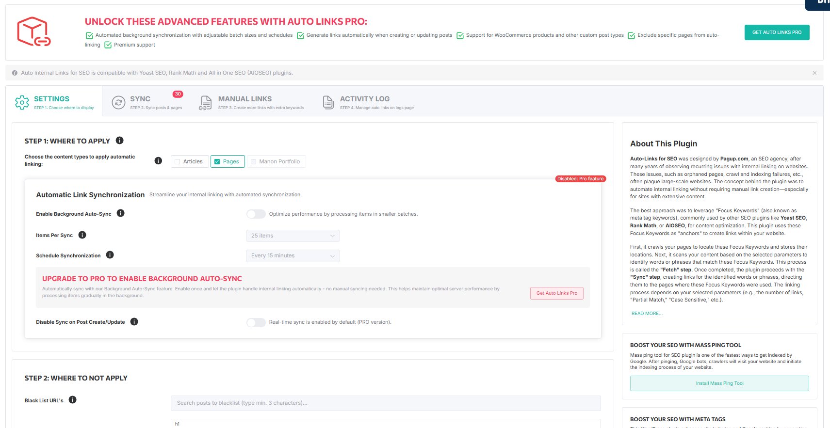 Automatic Internal Links — Settings page