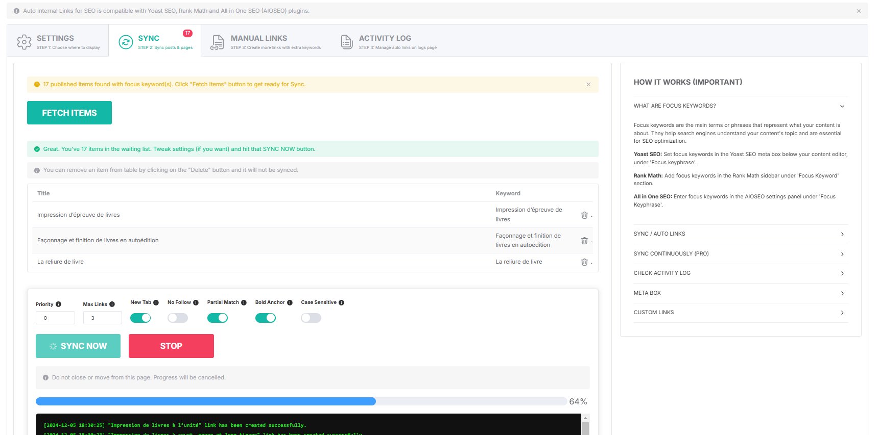 Automatic Internal Links — Sync in progress at 64%