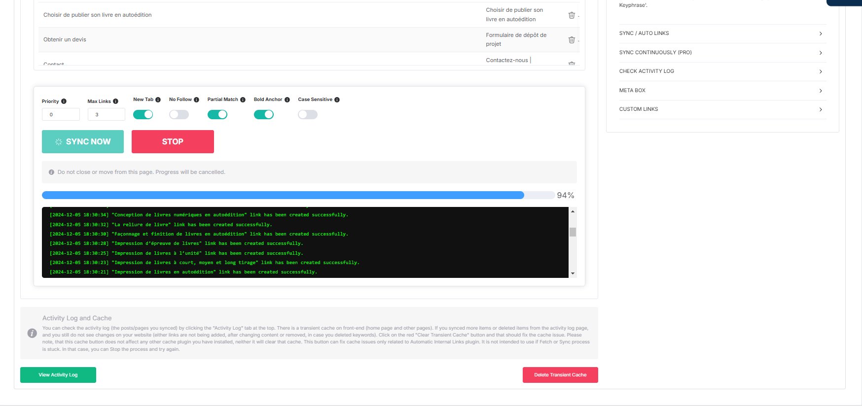 Automatic Internal Links sync in progress