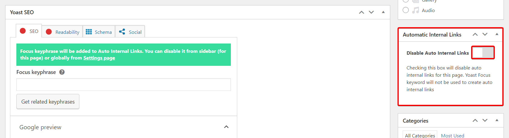 Automatic Internal Links — Metabox for per-page exclusion